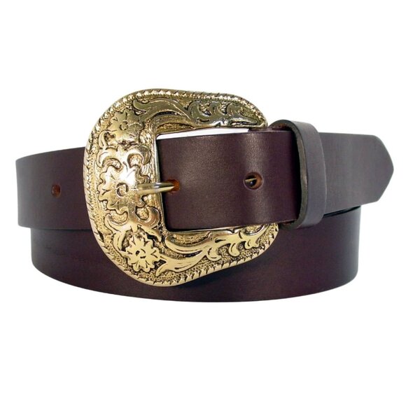 DEMICINTURE Leather Belt Hand-Hammered Floral Brass Buckle L (34-38 in) - ITALY - Picture 1 of 5